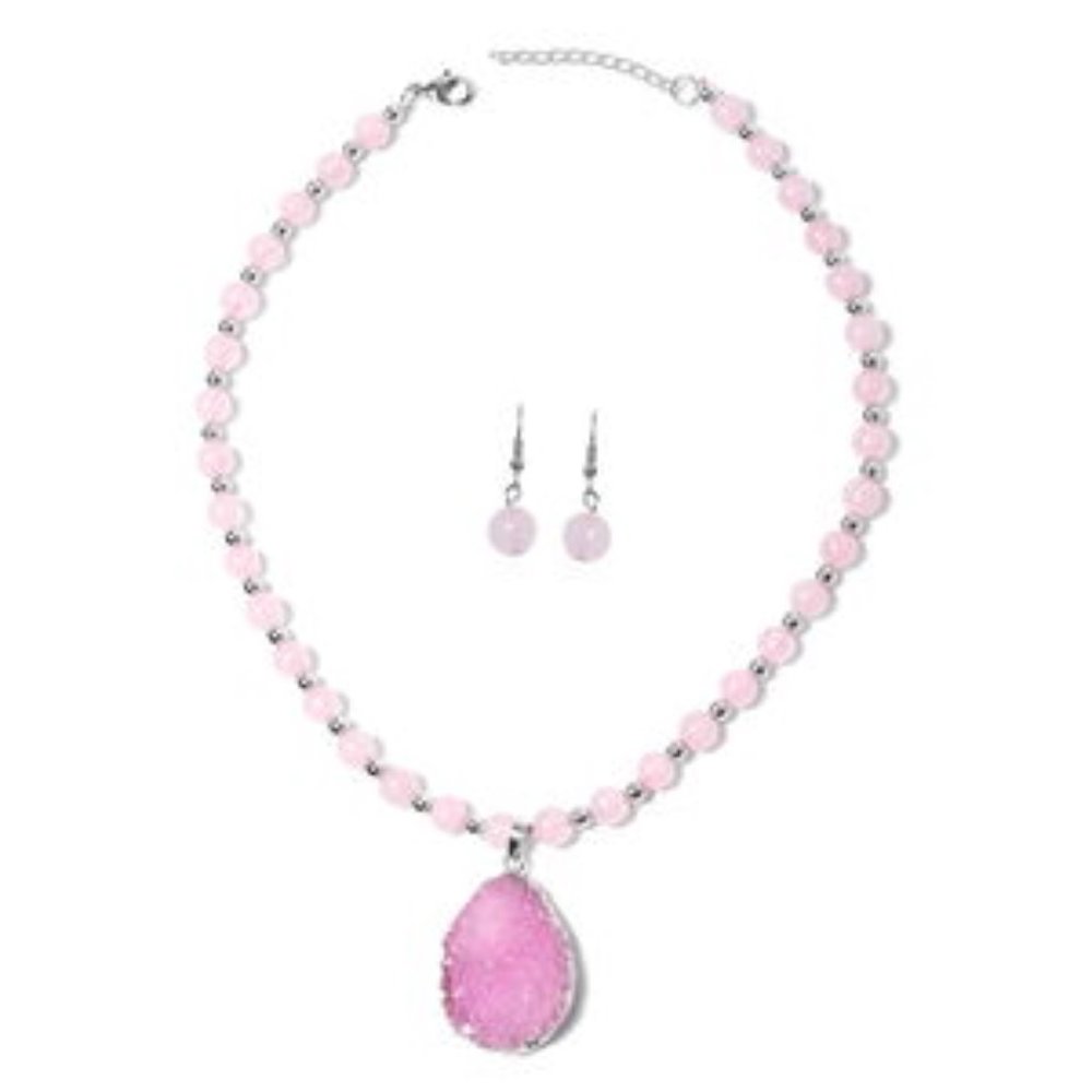 Genuine Pink Drusy Quartz & Rose Quartz Neck.